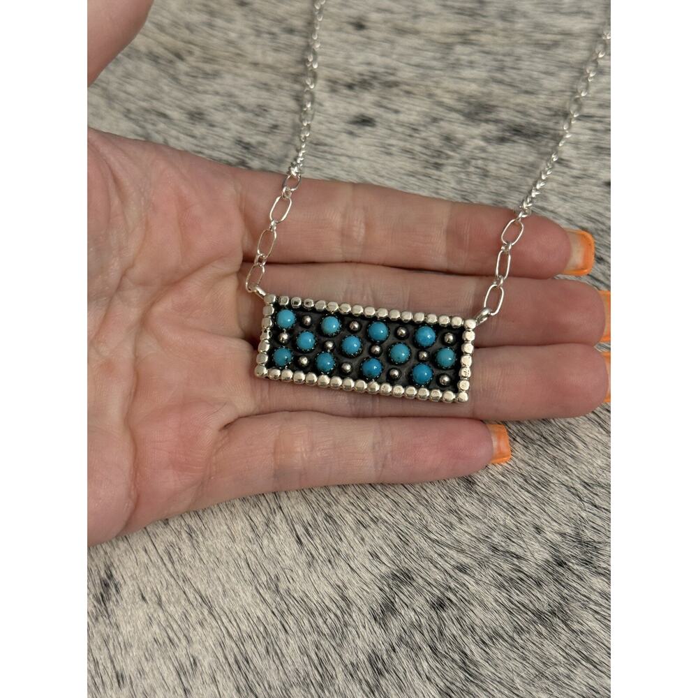 Native Navajo Handmade Sterling Kenny Longjose Kingman Turquoise Bar Necklace